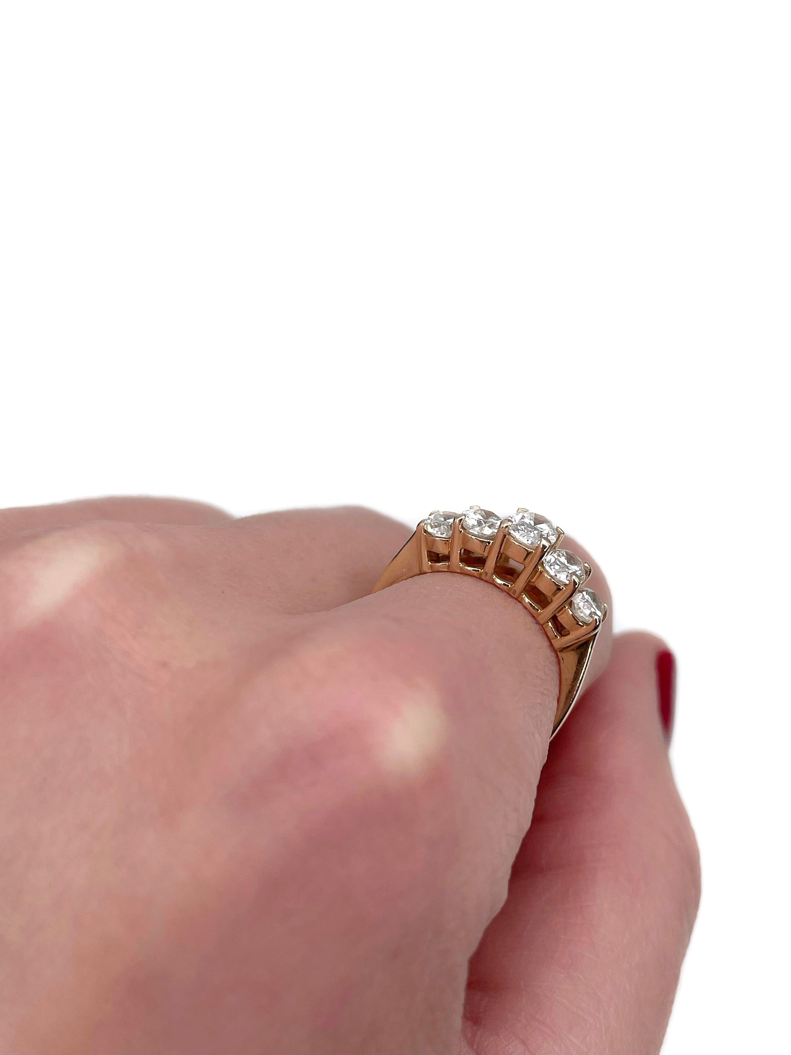 Mid Century 14 Karat Gold TW 1.25 Carat Diamond Five-Stone Ring In Good Condition For Sale In Vilnius, LT