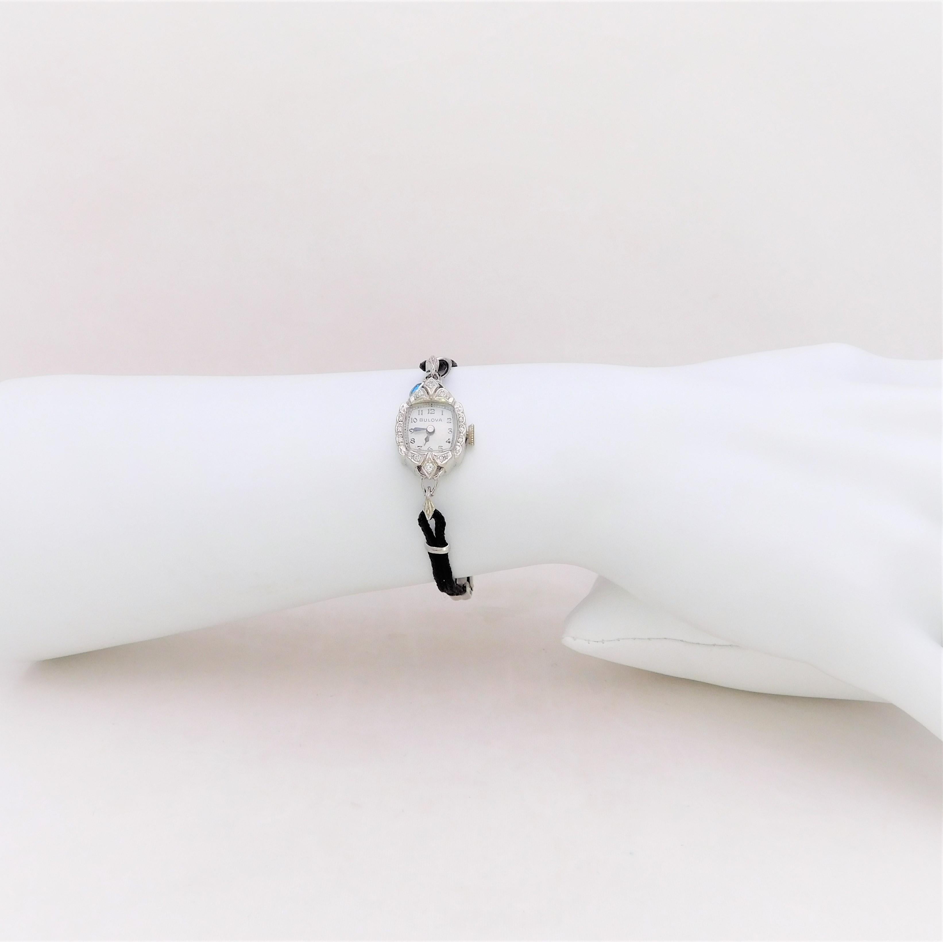 Midcentury 14 Karat White Gold and Diamond Ladies Bulova Wristwatch 4
