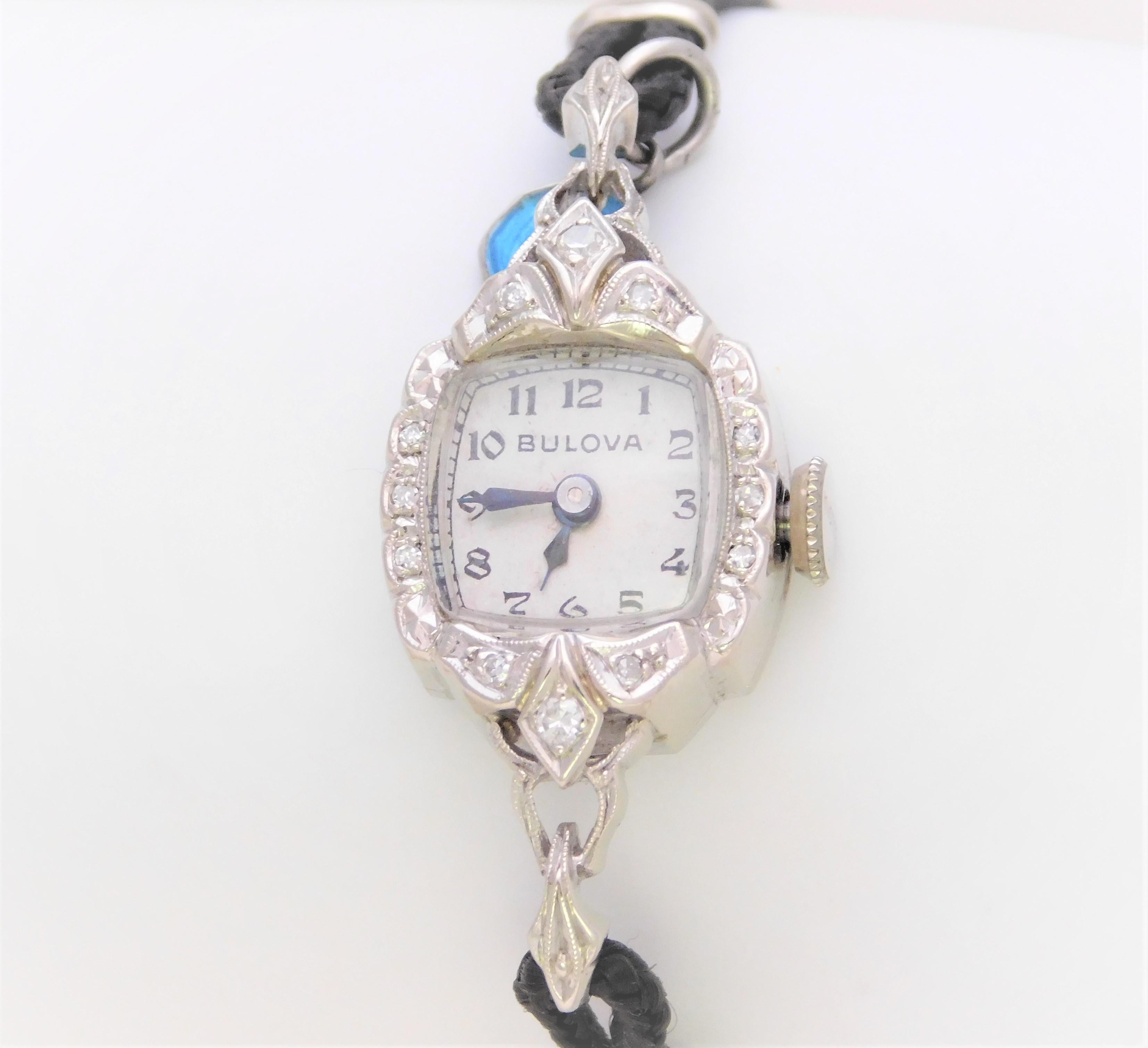Midcentury 14 Karat White Gold and Diamond Ladies Bulova Wristwatch 7
