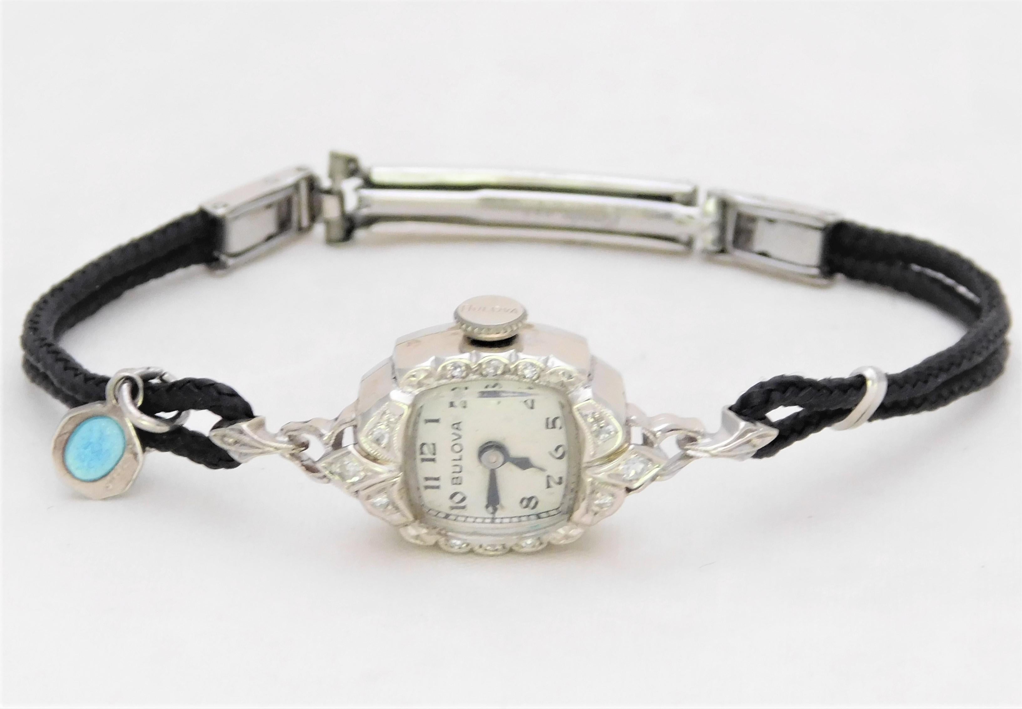 Midcentury 14 Karat White Gold and Diamond Ladies Bulova Wristwatch 8