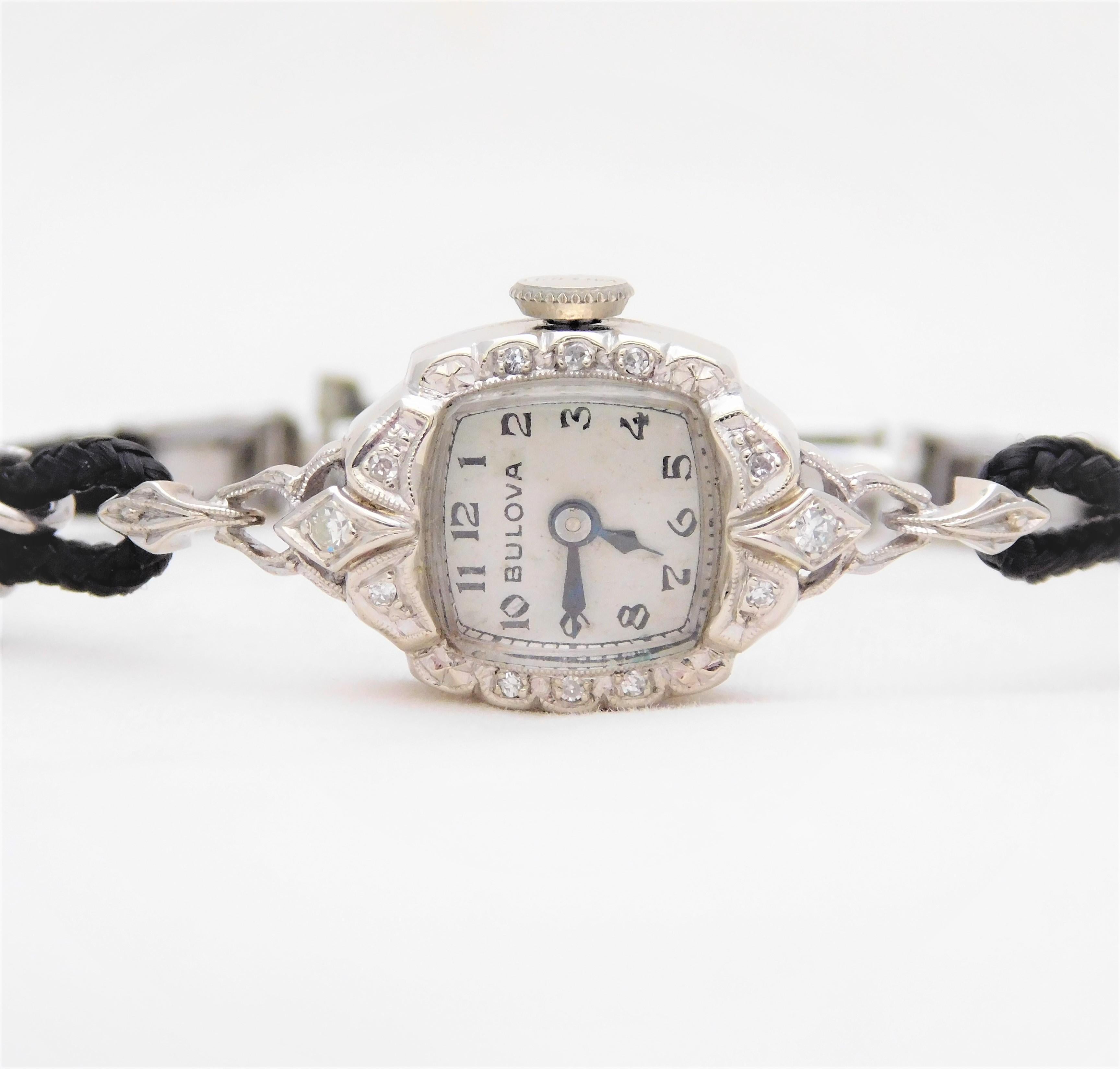 Midcentury 14 Karat White Gold and Diamond Ladies Bulova Wristwatch 9