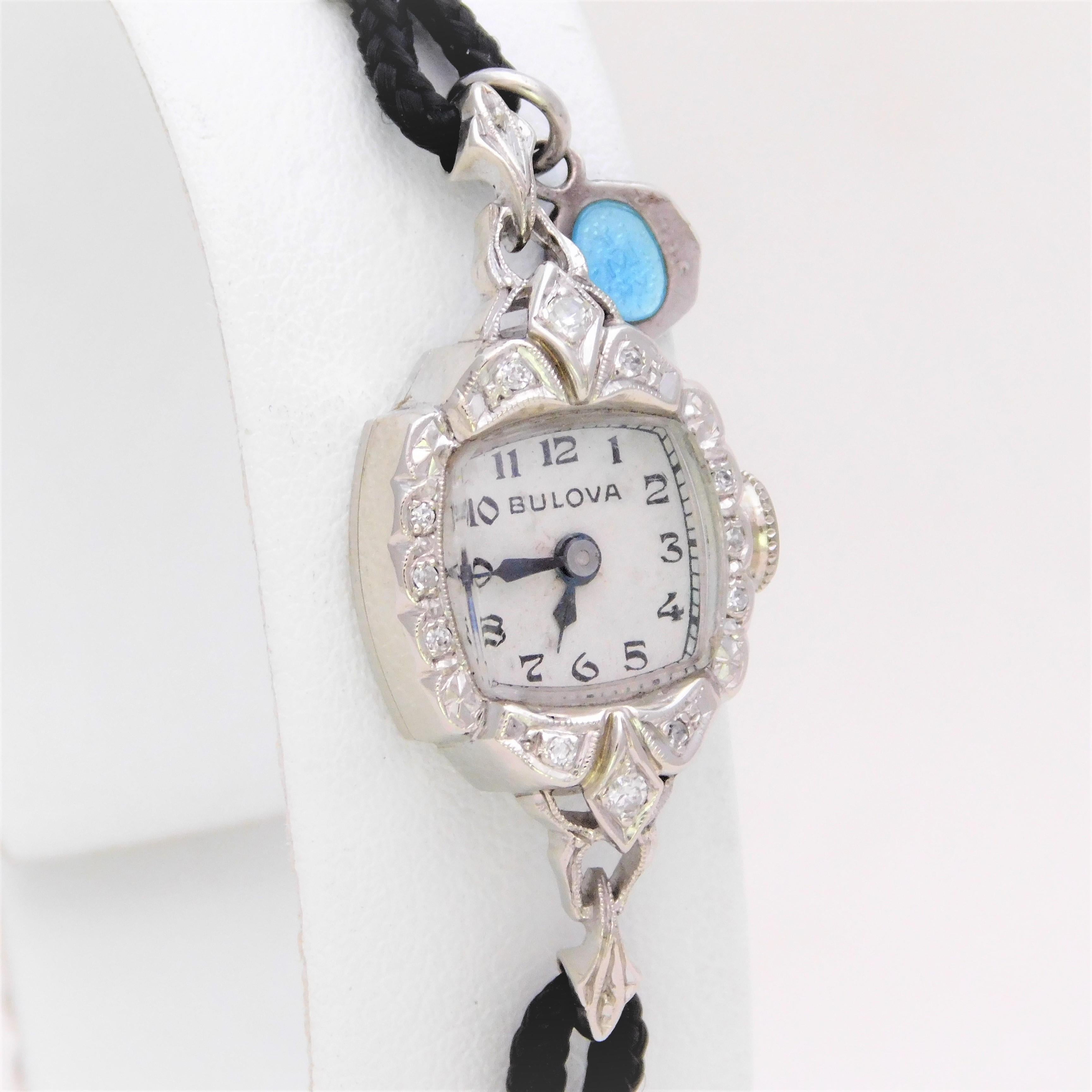 Art Deco Midcentury 14 Karat White Gold and Diamond Ladies Bulova Wristwatch