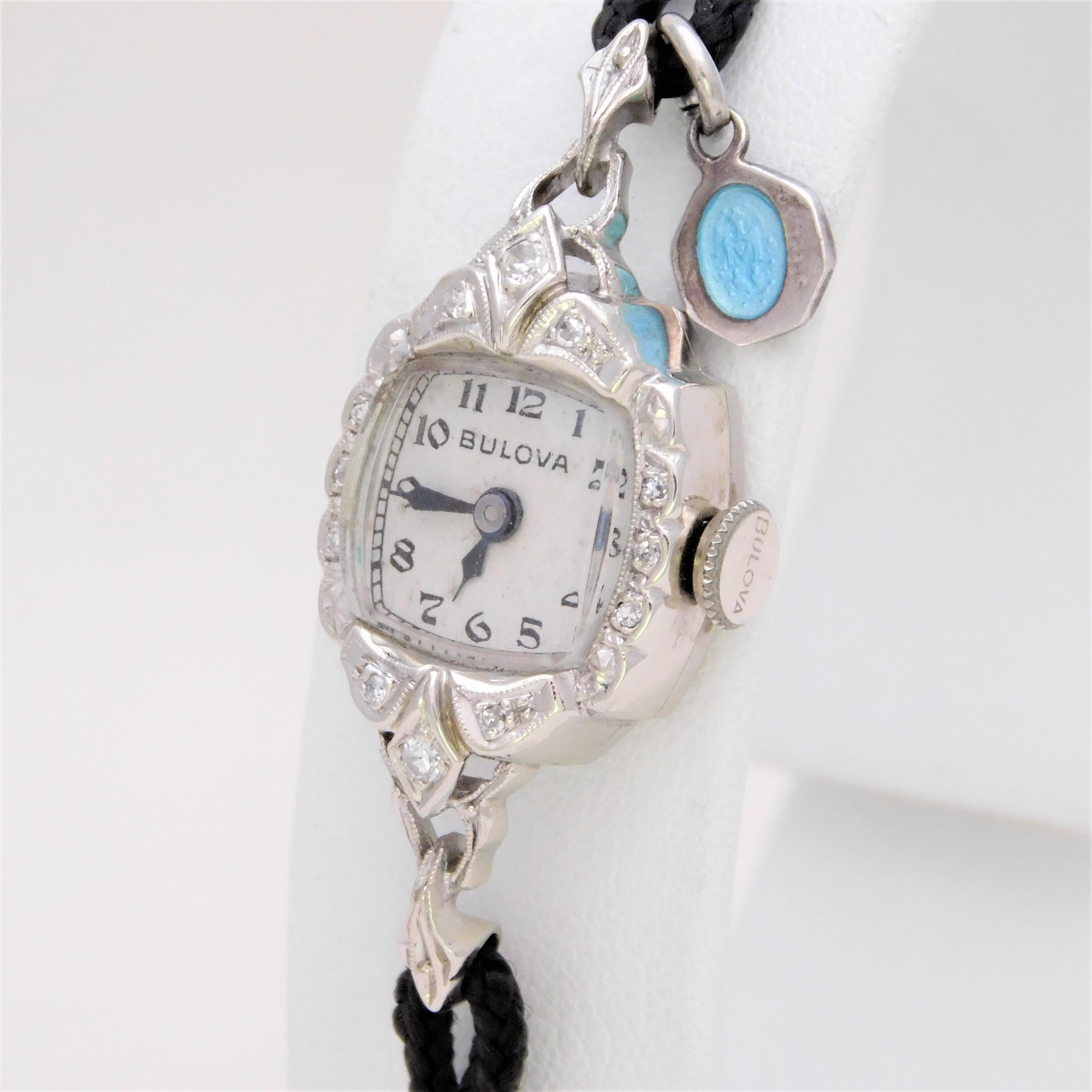 Round Cut Midcentury 14 Karat White Gold and Diamond Ladies Bulova Wristwatch