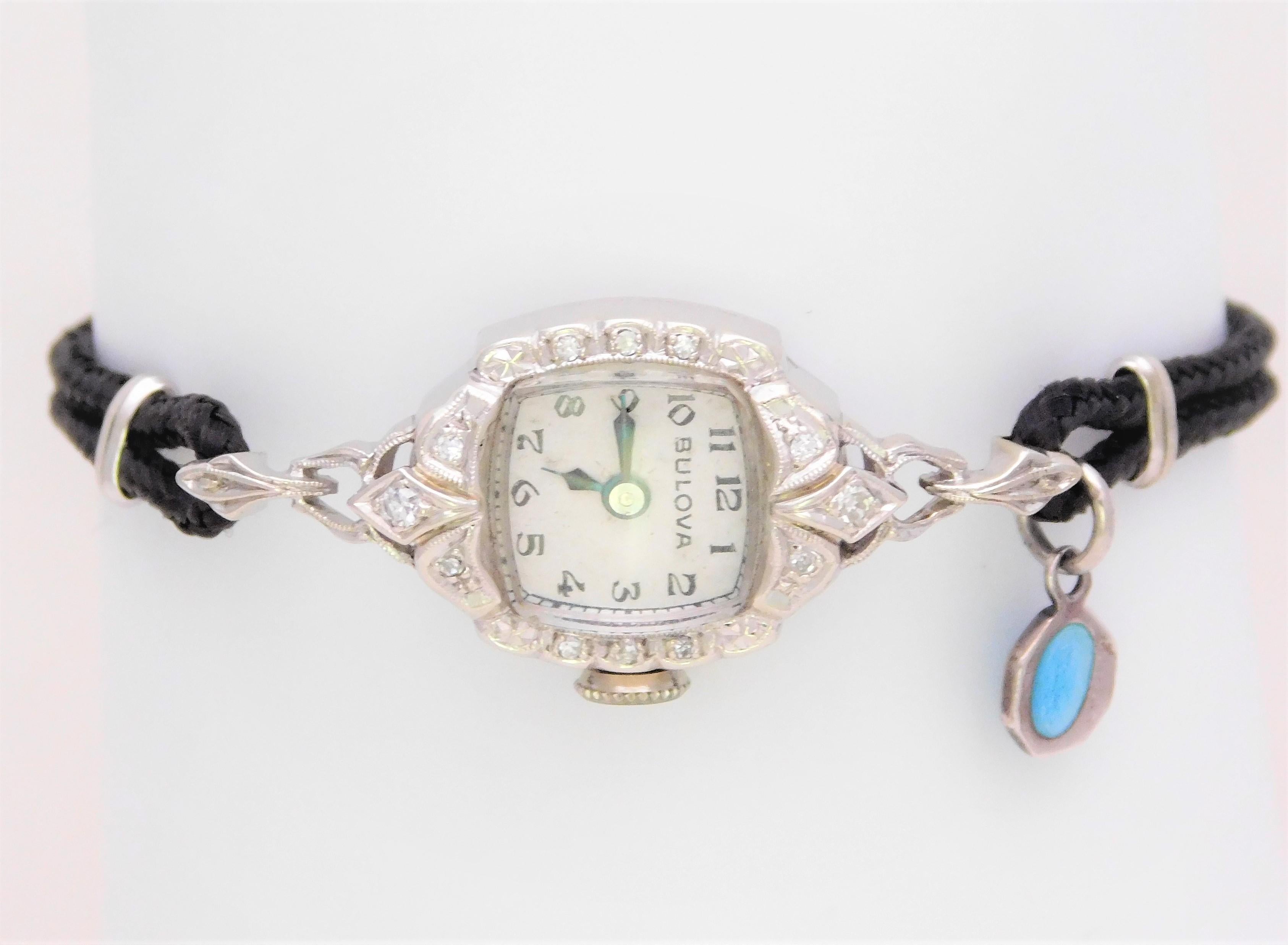 Midcentury 14 Karat White Gold and Diamond Ladies Bulova Wristwatch 2