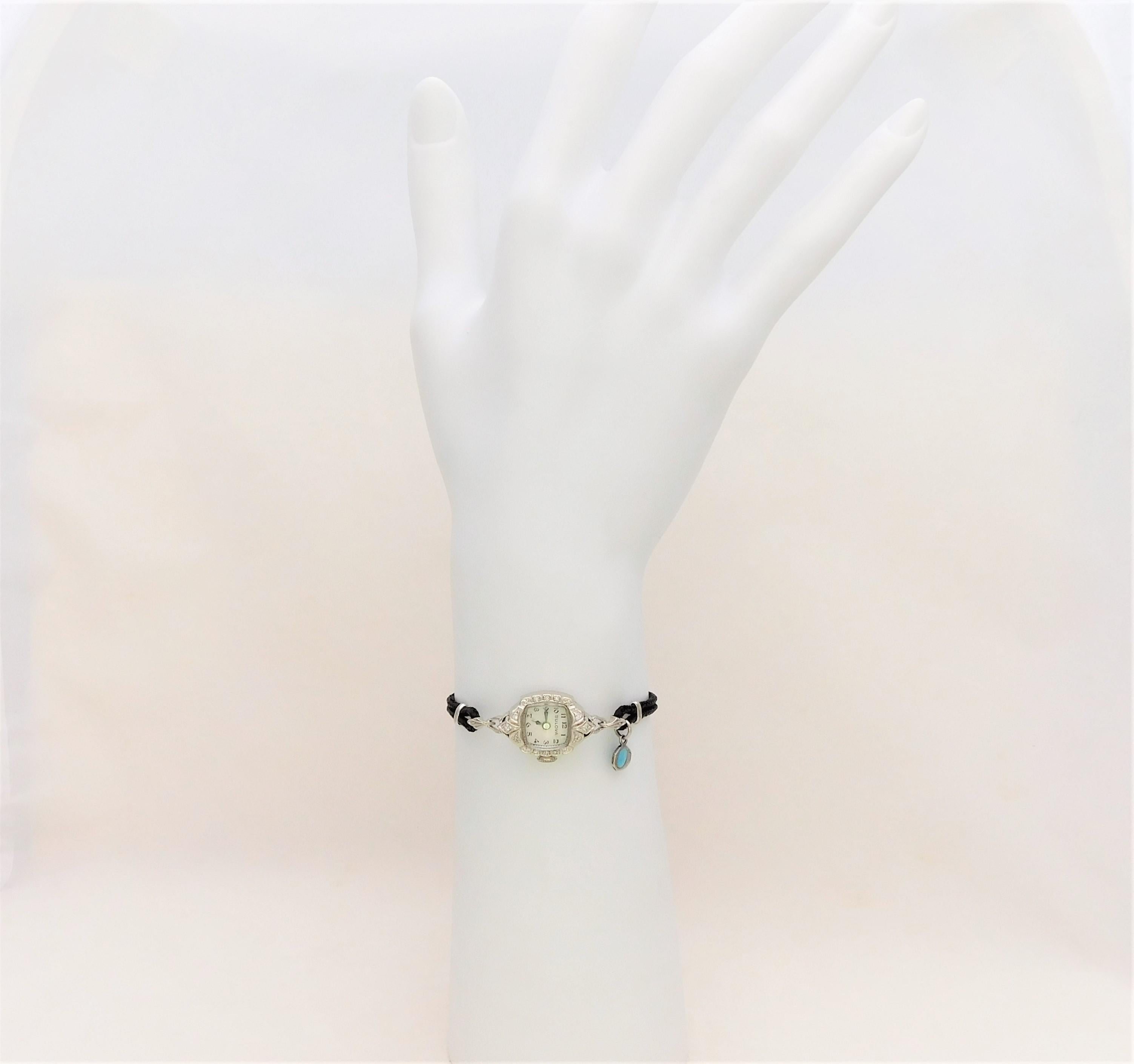 Midcentury 14 Karat White Gold and Diamond Ladies Bulova Wristwatch 3