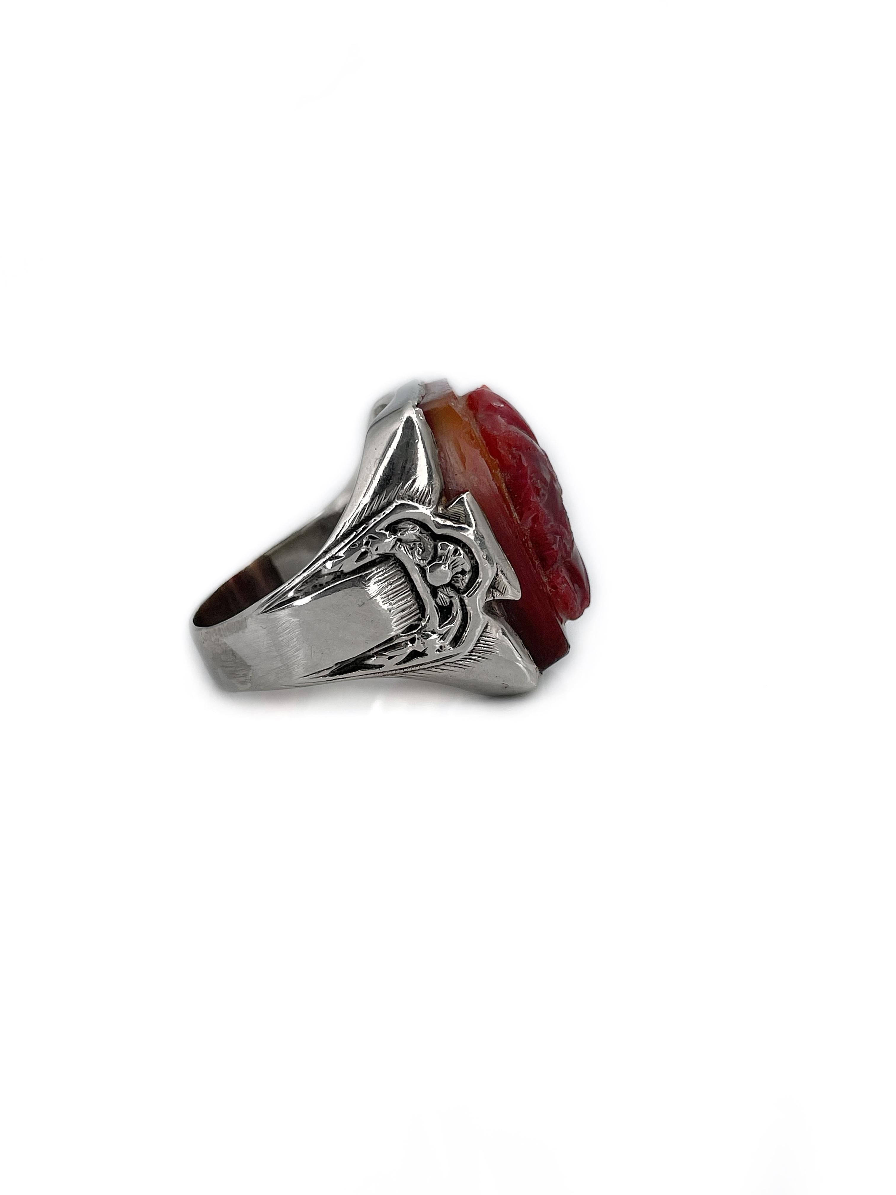 Men's Midcentury 14 Karat White Gold Carved Carnelian Man Profile Signet Ring