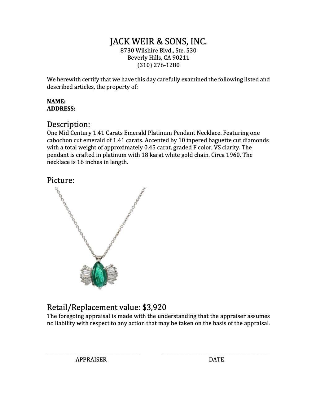 Midcentury 1.41 Carats Emerald Platinum Pendant Necklace 2