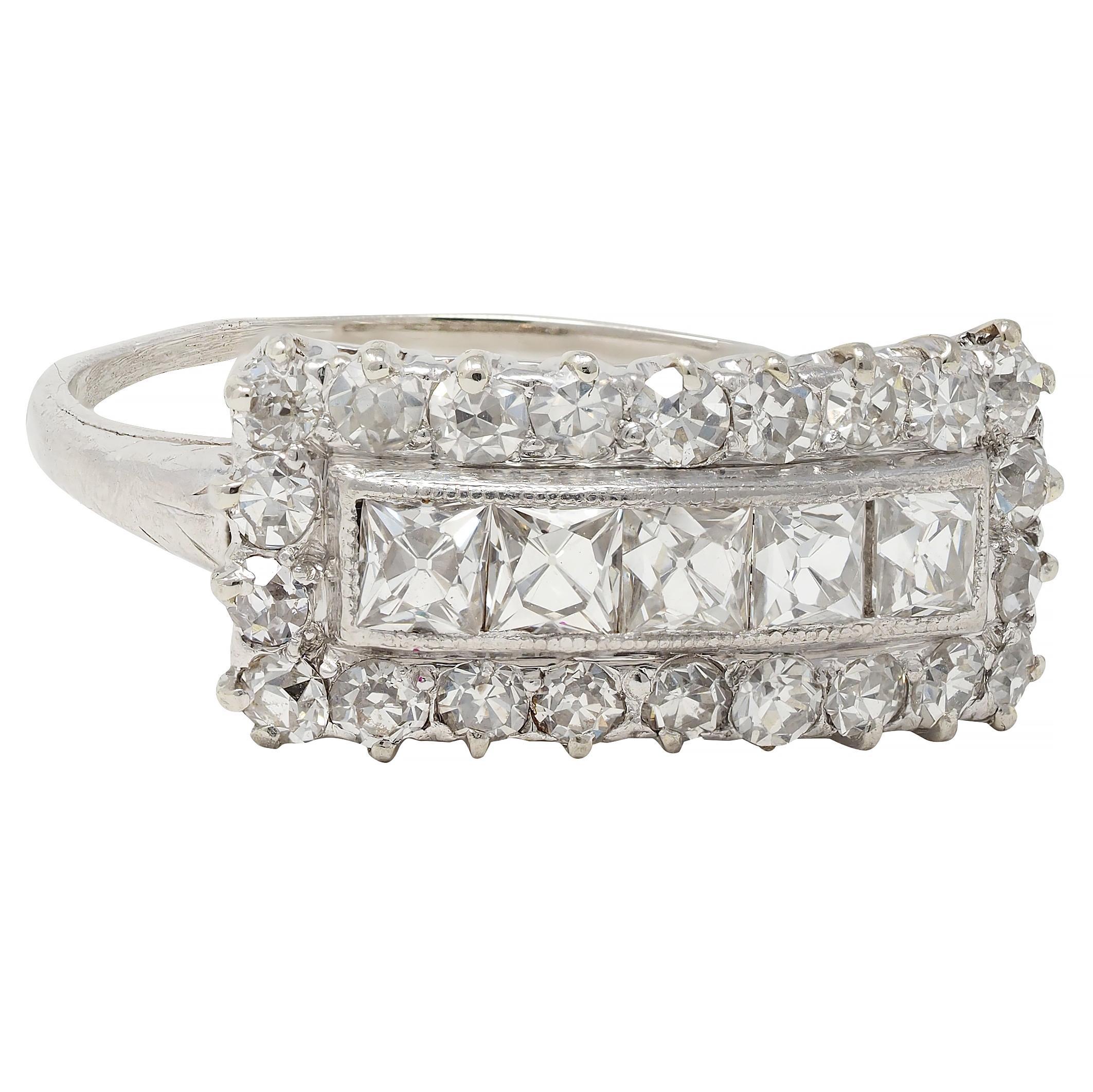 Mid-Century 1.41 CTW French Cut Diamond Platinum Vintage Band Ring In Excellent Condition For Sale In Philadelphia, PA
