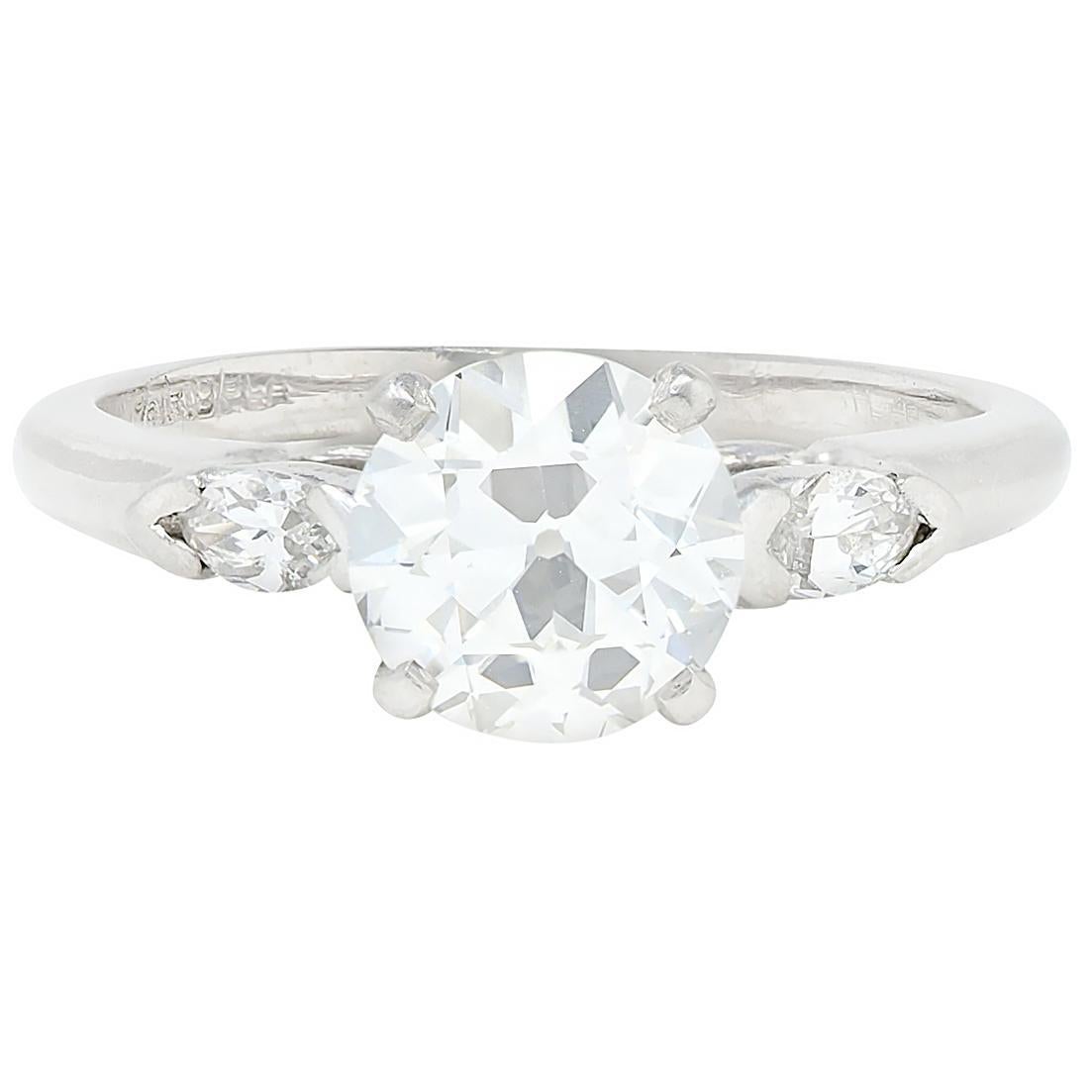 Anello di fidanzamento a tre pietre vintage con diamante di metà secolo da 1,43 CTW in platino GIA