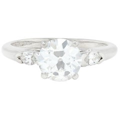 Anello di fidanzamento a tre pietre vintage con diamante di metà secolo da 1,43 CTW in platino GIA