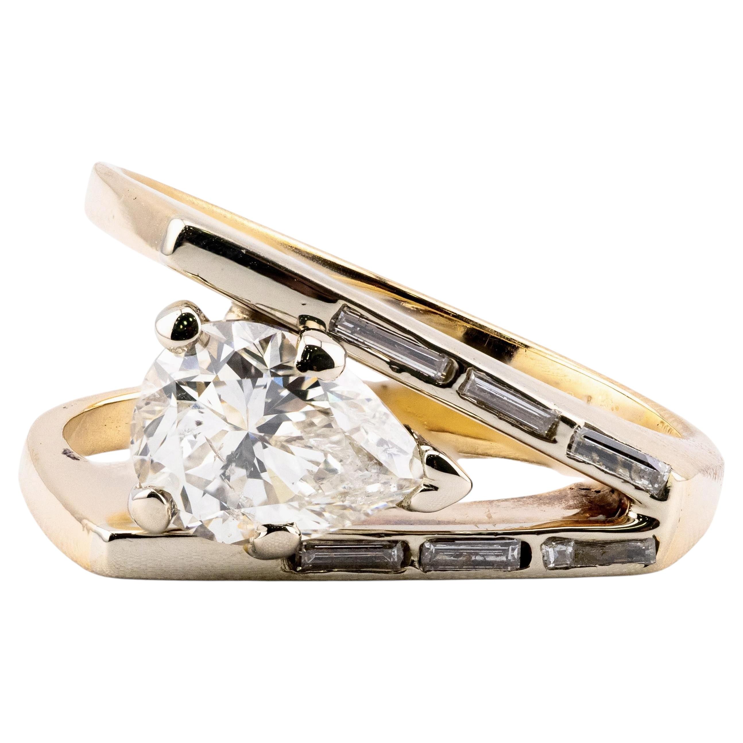 Mid Century 1.43ctw Pear Shaped Diamond Avant Garde Ring in 14 Karat Yellow Gold