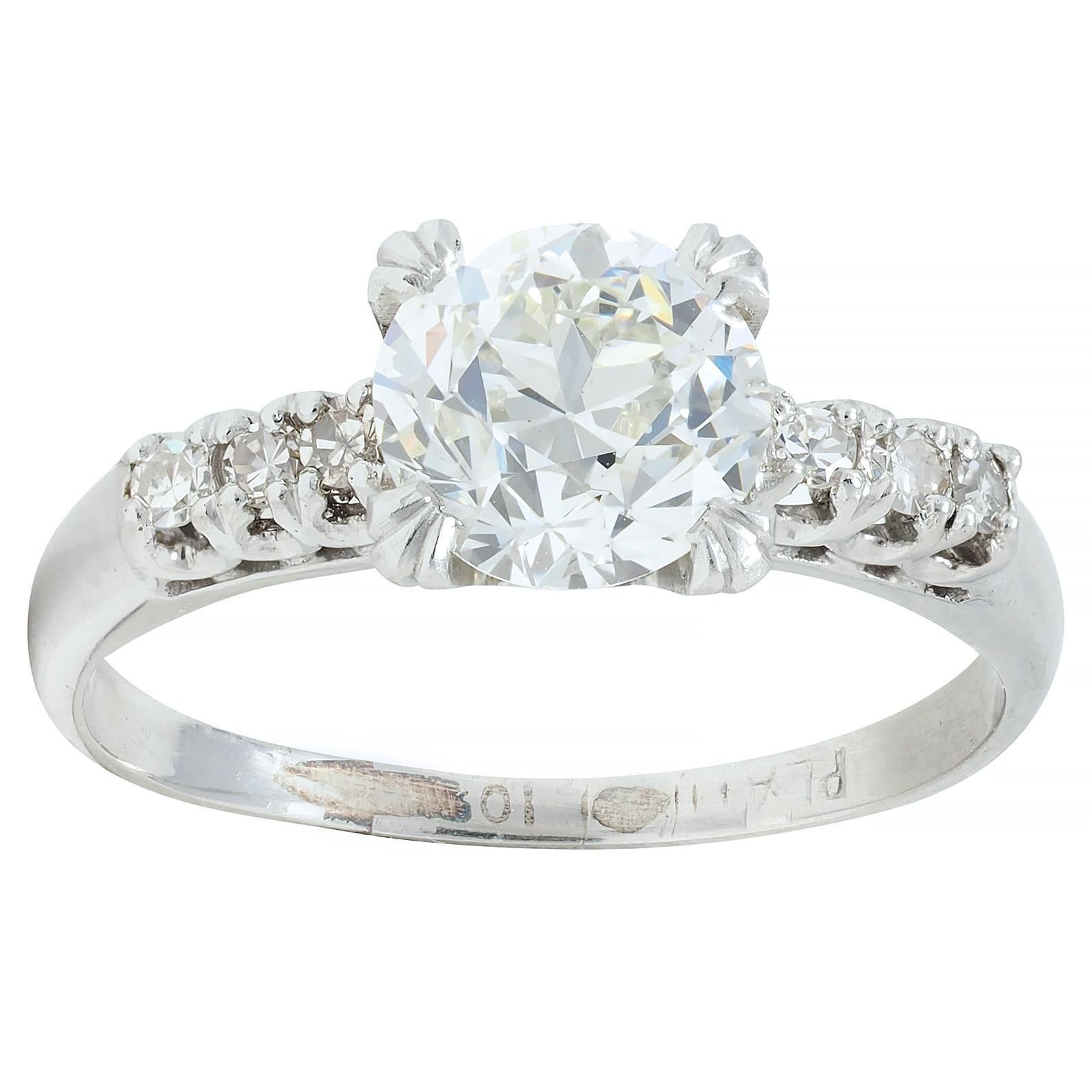 Mid-Century 1.45 CTW European Cut Diamond Platinum Vintage Engagement Ring GIA en vente 5