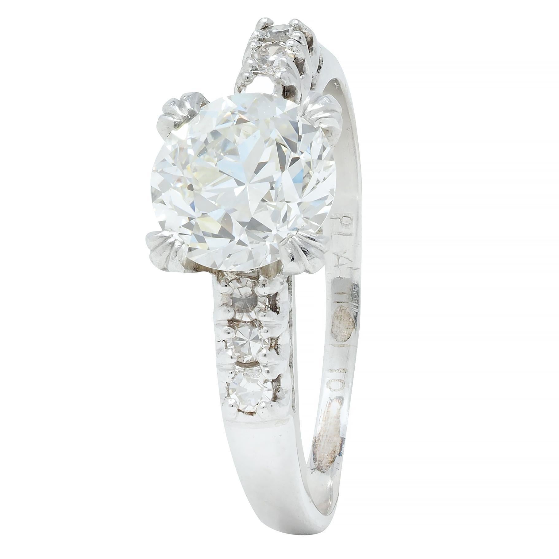 Mid-Century 1.45 CTW European Cut Diamond Platinum Vintage Engagement Ring GIA For Sale 1