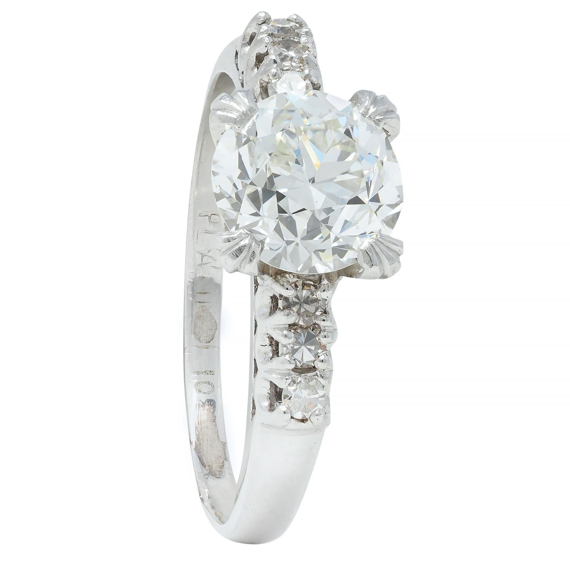 Mid-Century 1.45 CTW European Cut Diamond Platinum Vintage Engagement Ring GIA For Sale 3