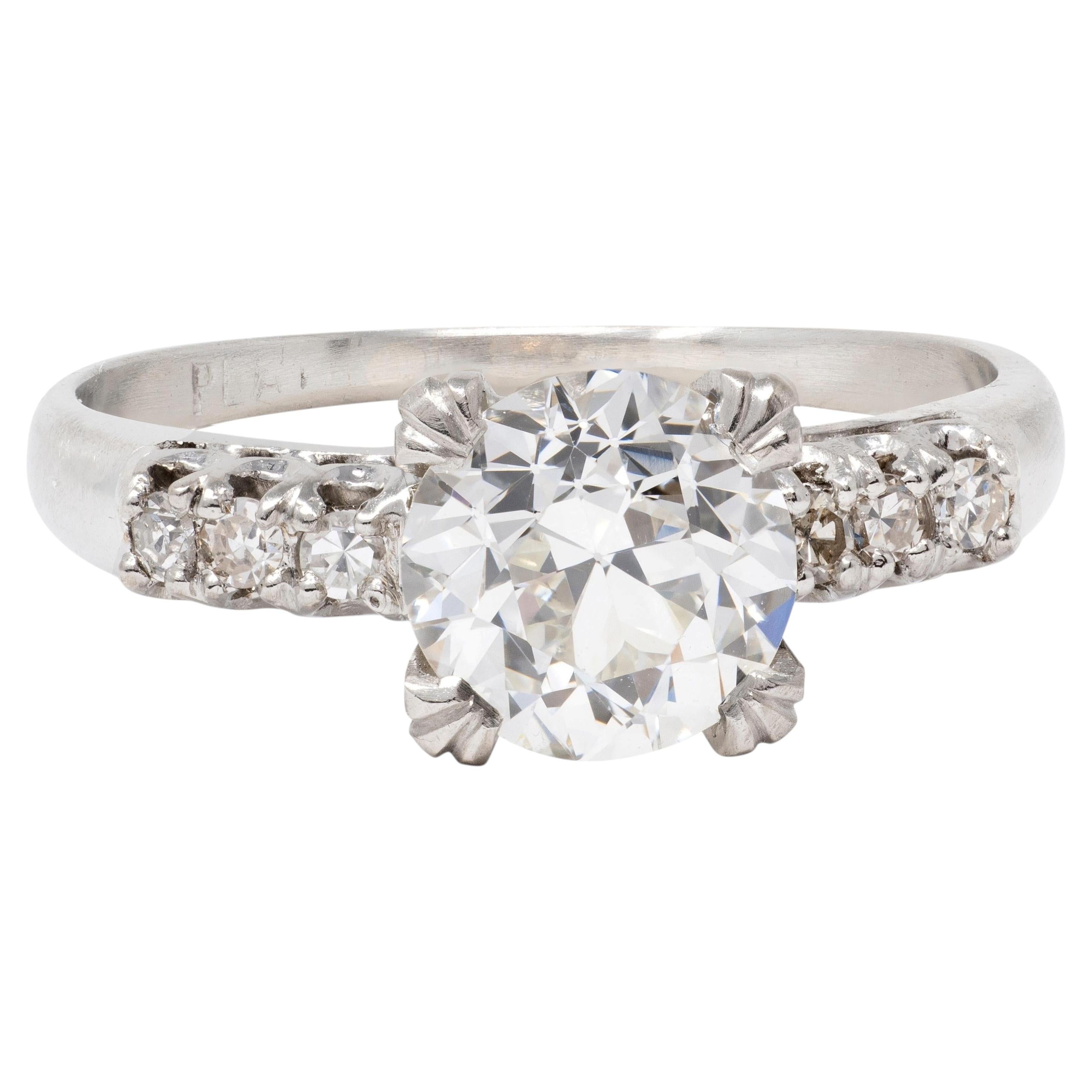 Mid-Century 1.45 CTW European Cut Diamond Platinum Vintage Engagement Ring GIA