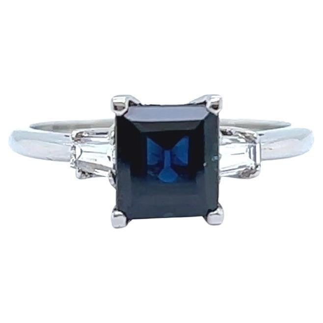 Mid Century 1.47 Carats Dark Blue Step Cut Sapphire Diamond Platinum Ring