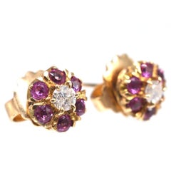 Mid Century 14ct Gold Ruby & Diamond Cluster Earrings w/ Petal Jackets