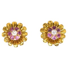 Mid Century 14ct Gold Ruby & Diamond Cluster Earrings w/ Petal Jackets
