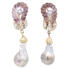 Mid-Century 14K Gold, Carved Amethyst, Grey Pearl, and Diamond Drop Earrings
