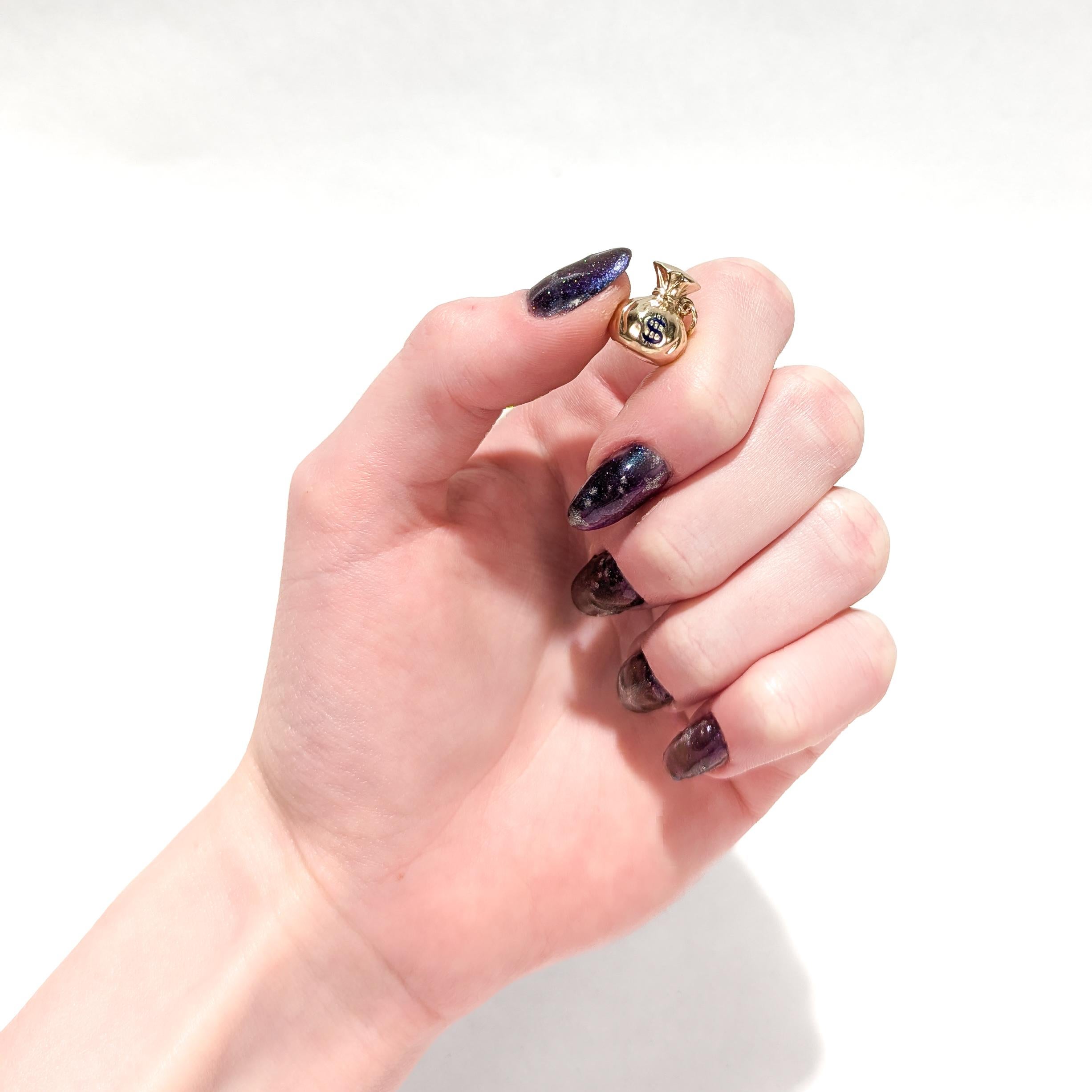 Retro Mid-Century 14K Gold & Enamel Money Bag Charm for a Bracelet For Sale