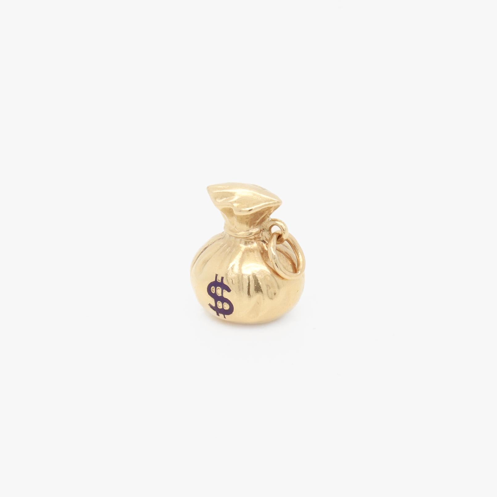 Mid-Century 14K Gold & Enamel Money Bag Charm for a Bracelet In Good Condition For Sale In Philadelphia, PA
