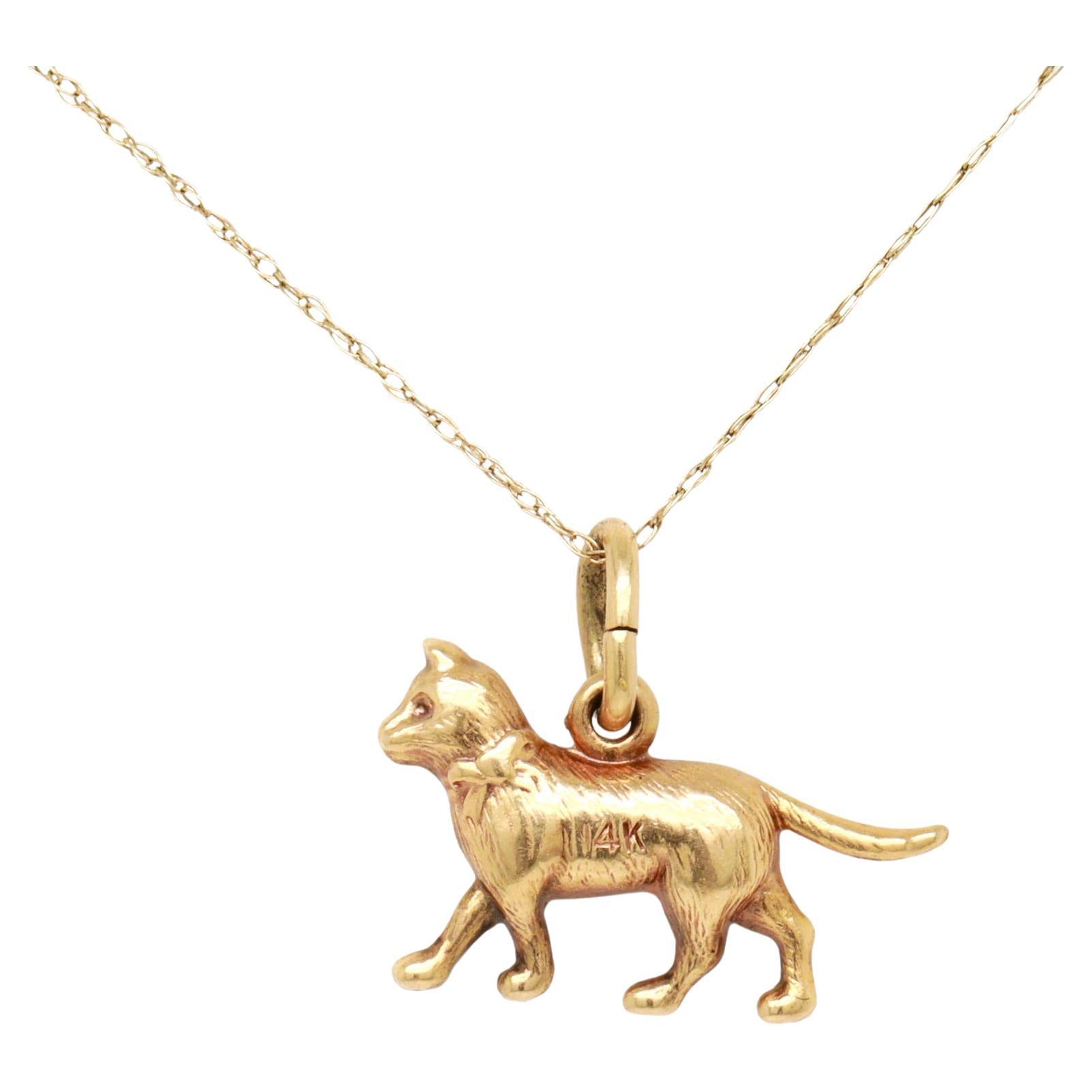 Mid-Century 14K Gold Figural Cat Charm for a Bracelet For Sale