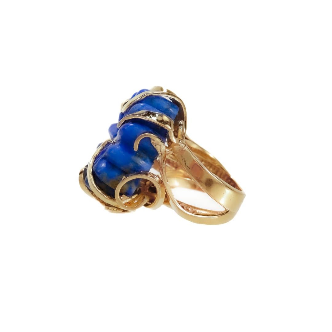 Round Cut Mid-Century 14k Gold, Lapis, & Diamond Cocktail Ring For Sale