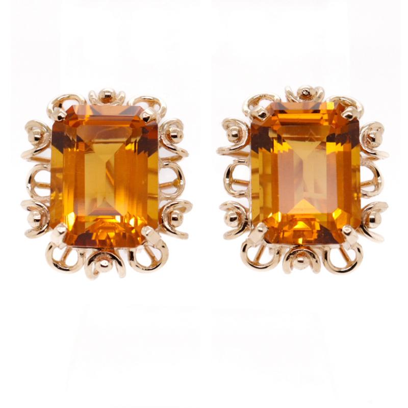 Modern Mid-Century 14k Gold & Madeira Citrine Gemstone Earrings For Sale