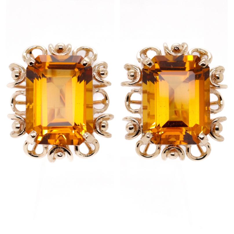 Emerald Cut Mid-Century 14k Gold & Madeira Citrine Gemstone Earrings For Sale
