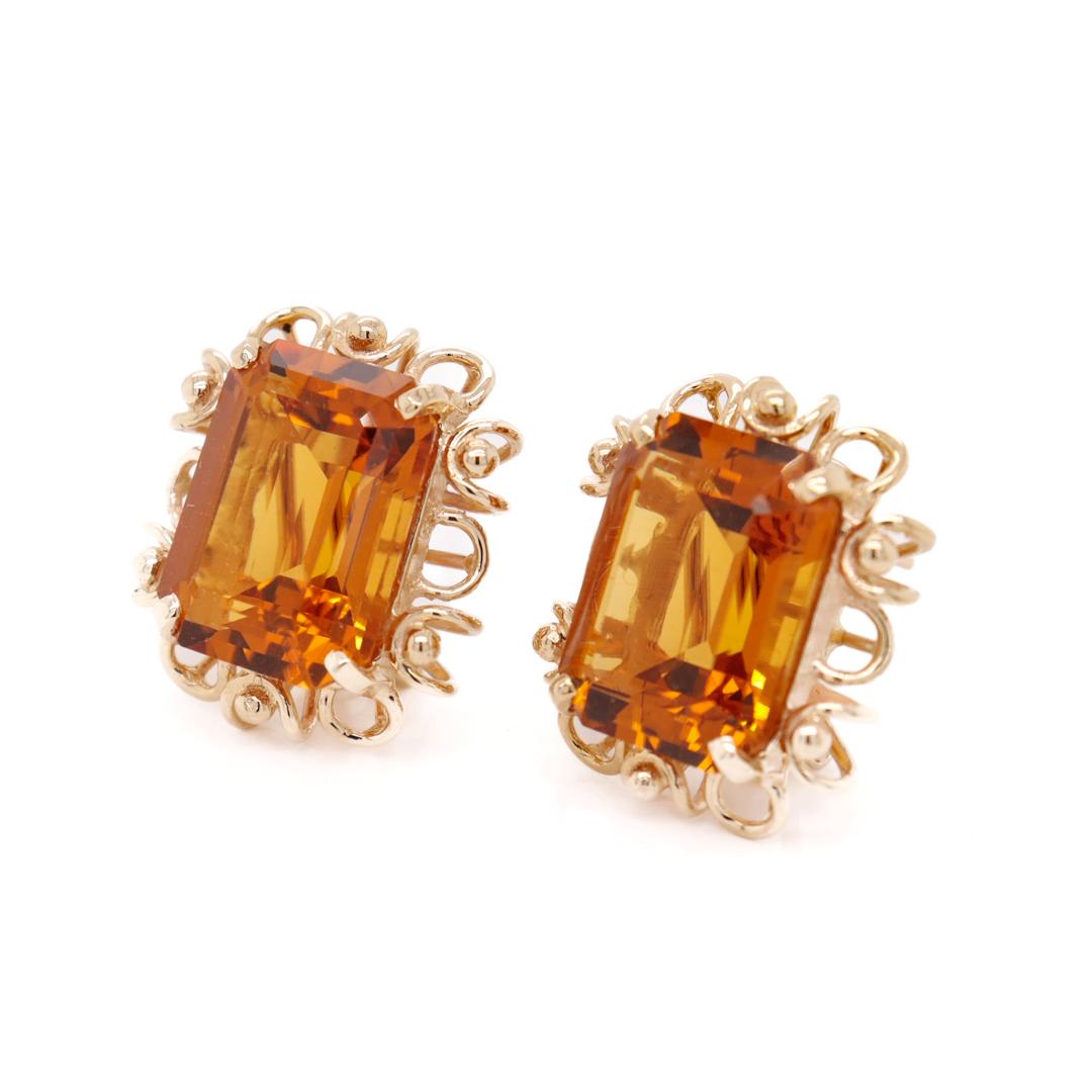 Mid-Century 14k Gold & Madeira Citrine Gemstone Earrings For Sale 2