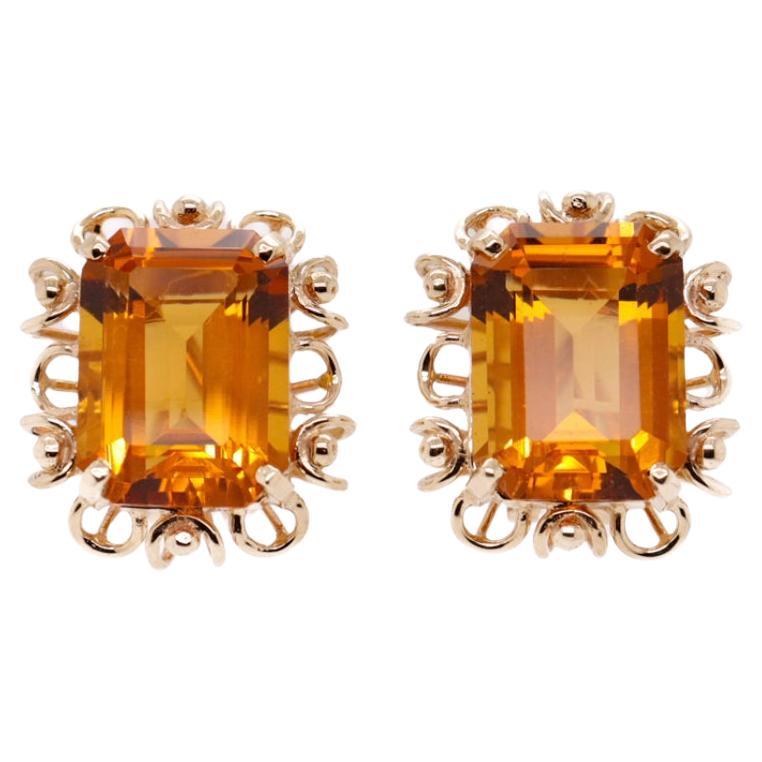 Mid-Century 14k Gold & Madeira Citrine Gemstone Earrings For Sale