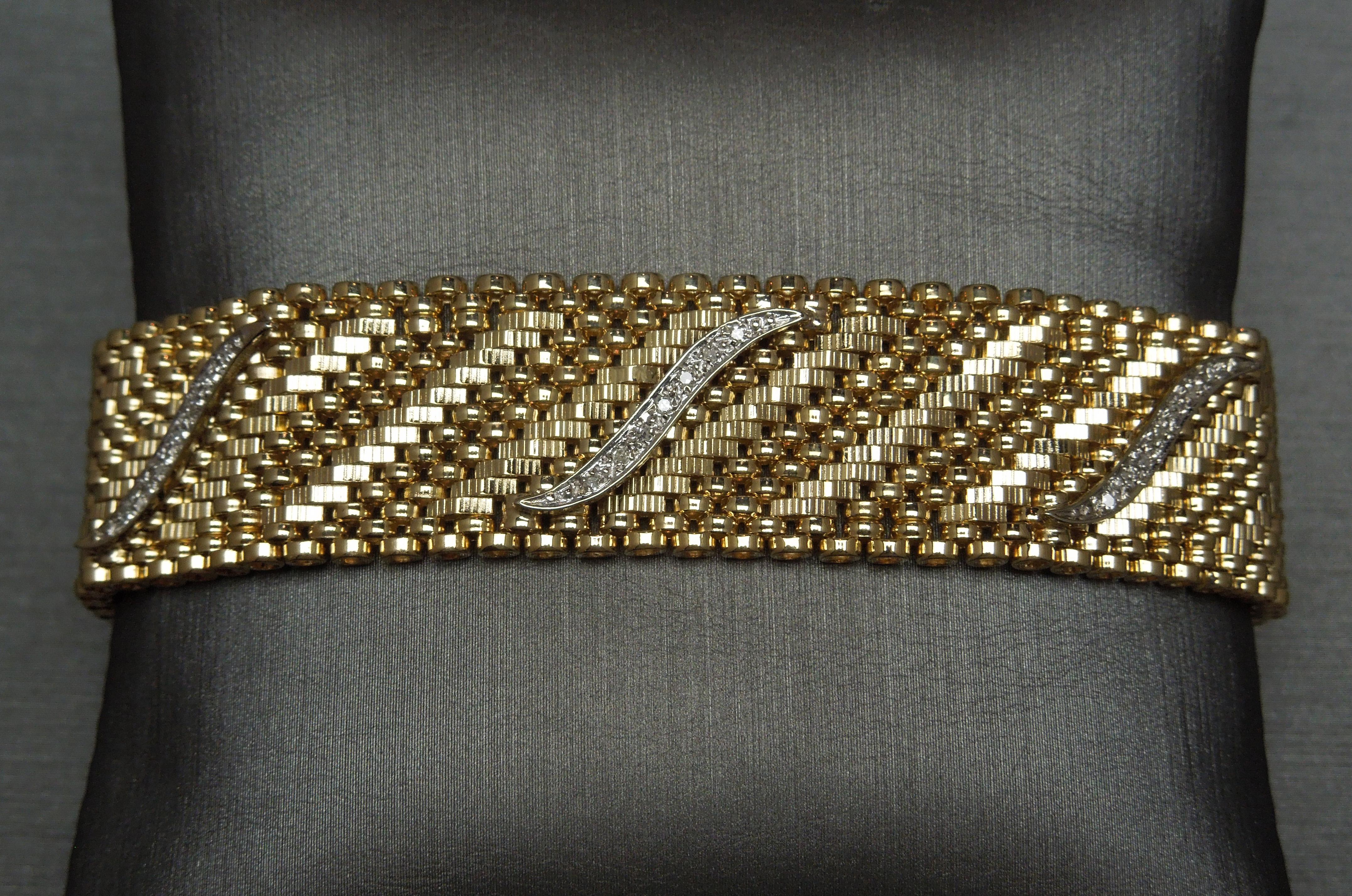 Constructed of superior quality 14KT Gold Tubular Mesh, this bracelet features six White Gold Art Deco style designs with a total of approximately 1.00 carat of Colorless Nearly Flawless Single cuts ranging from E-F Color & VVS1-VS2 Clarity.