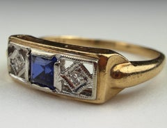 Mid-Century 14K Gold Natural Blue Sapphire and Diamond Ring