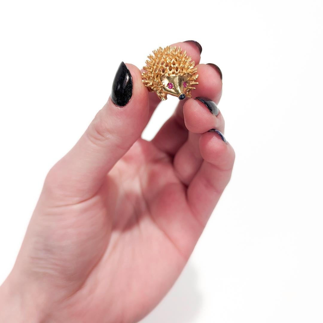 Mid-Century 14k Gold, Ruby, & Sapphire Figural Hedgehog Charm for a Bracelet 8