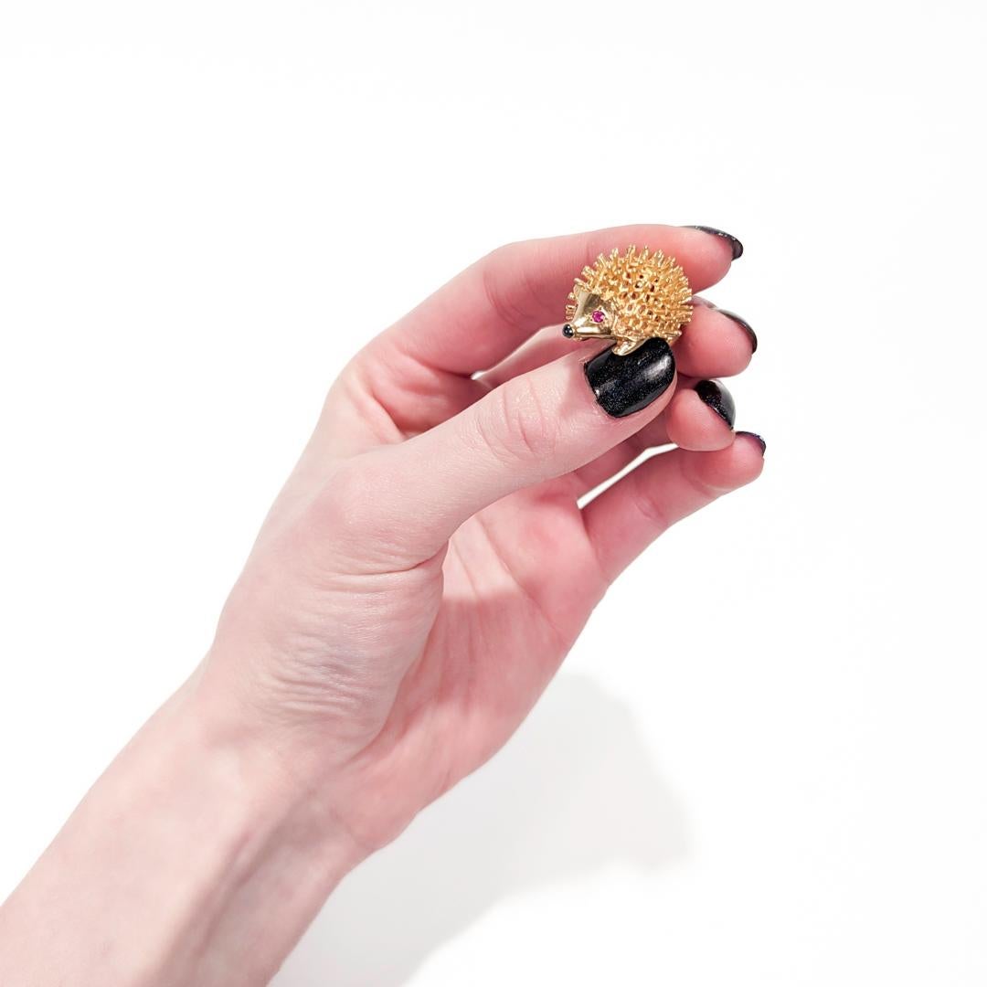 Mid-Century 14k Gold, Ruby, & Sapphire Figural Hedgehog Charm for a Bracelet 9