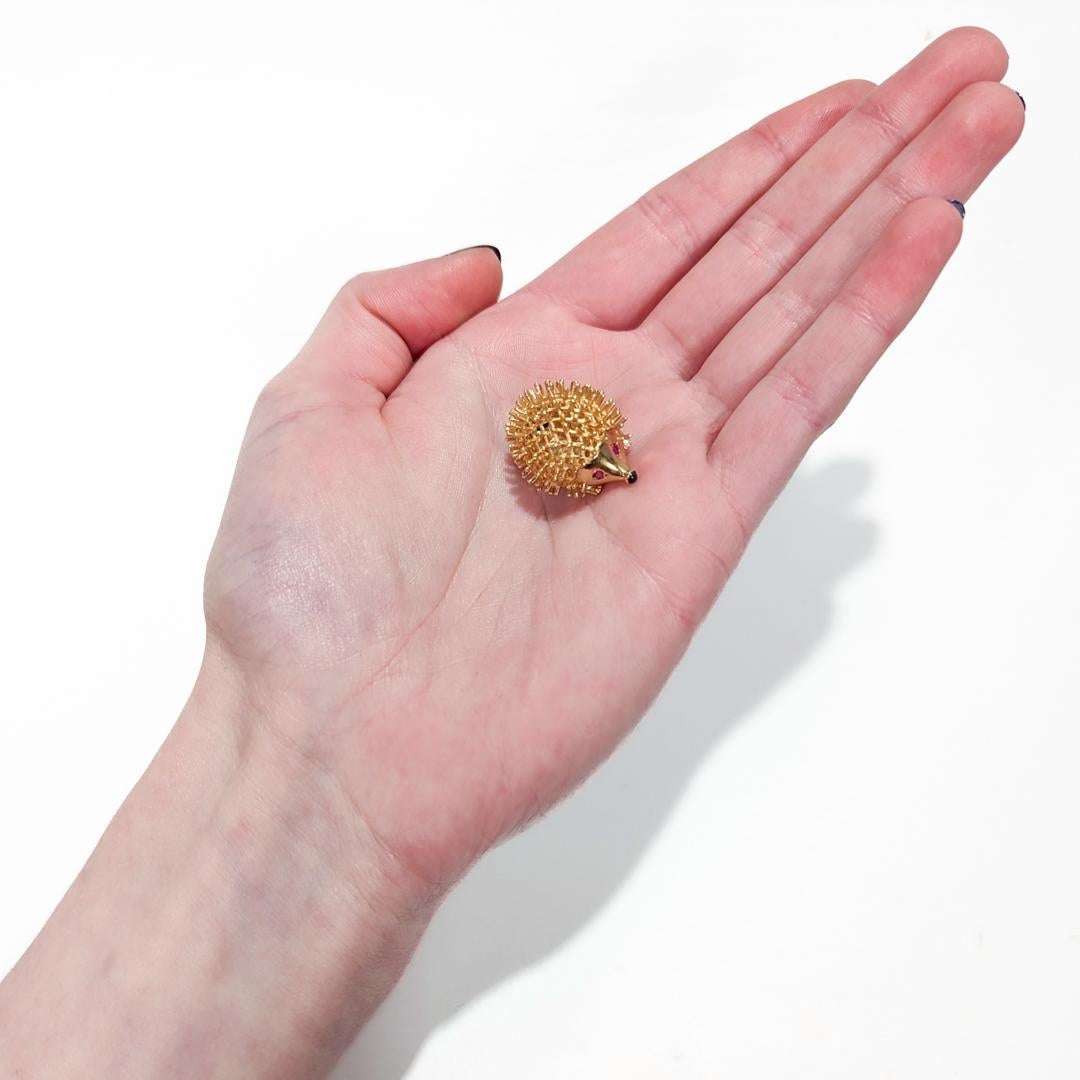 Mid-Century 14k Gold, Ruby, & Sapphire Figural Hedgehog Charm for a Bracelet 10