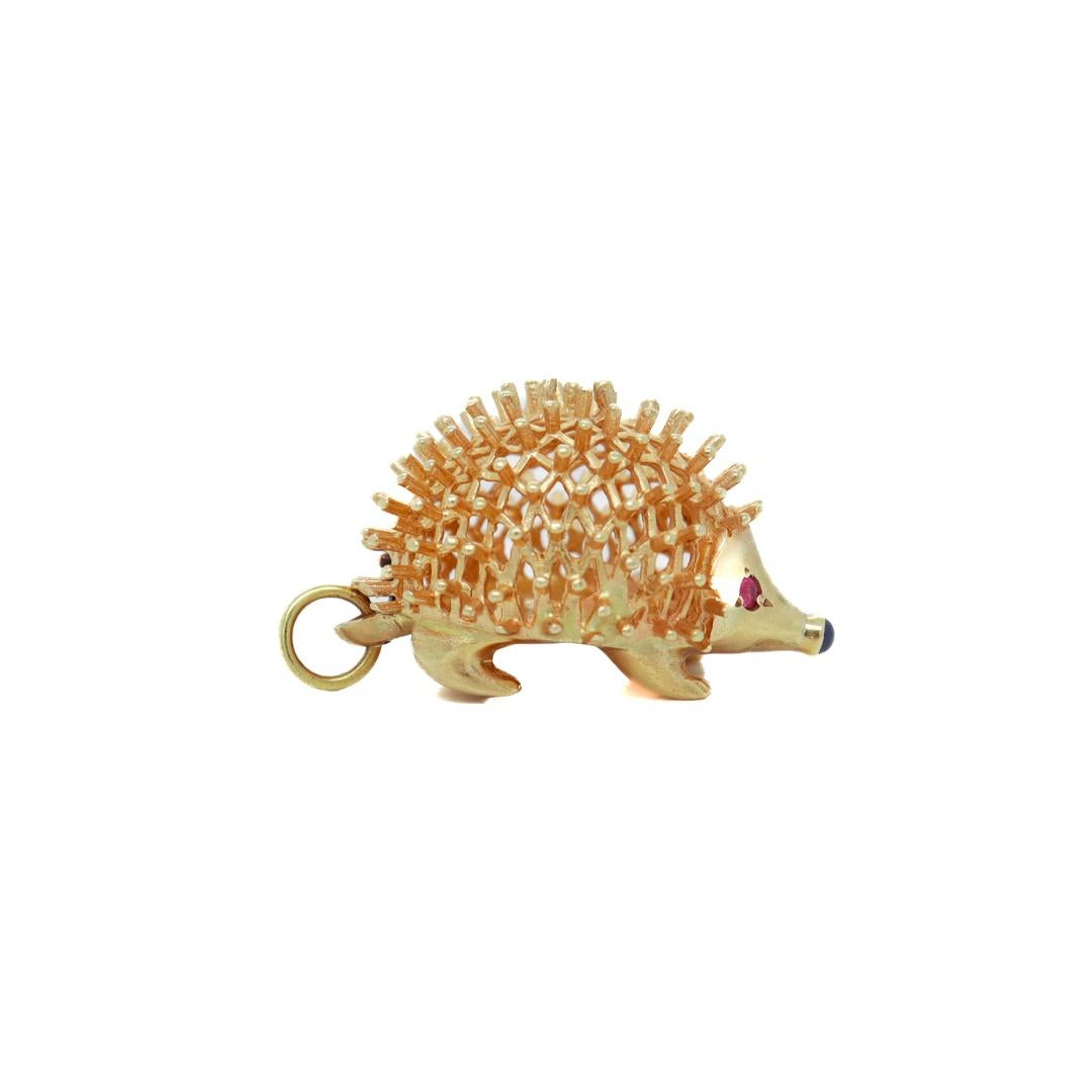 Modern Mid-Century 14k Gold, Ruby, & Sapphire Figural Hedgehog Charm for a Bracelet