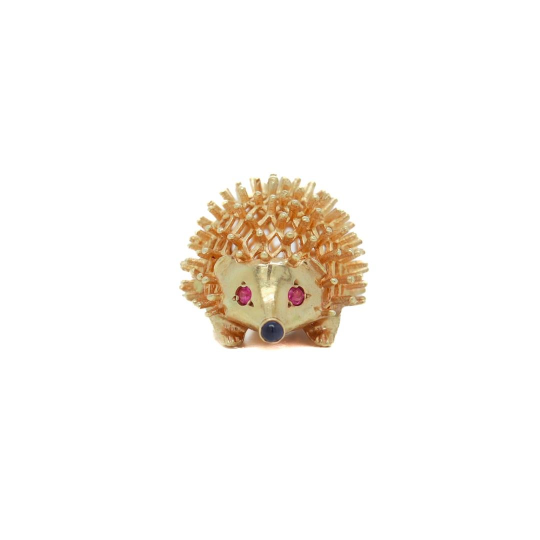 Round Cut Mid-Century 14k Gold, Ruby, & Sapphire Figural Hedgehog Charm for a Bracelet