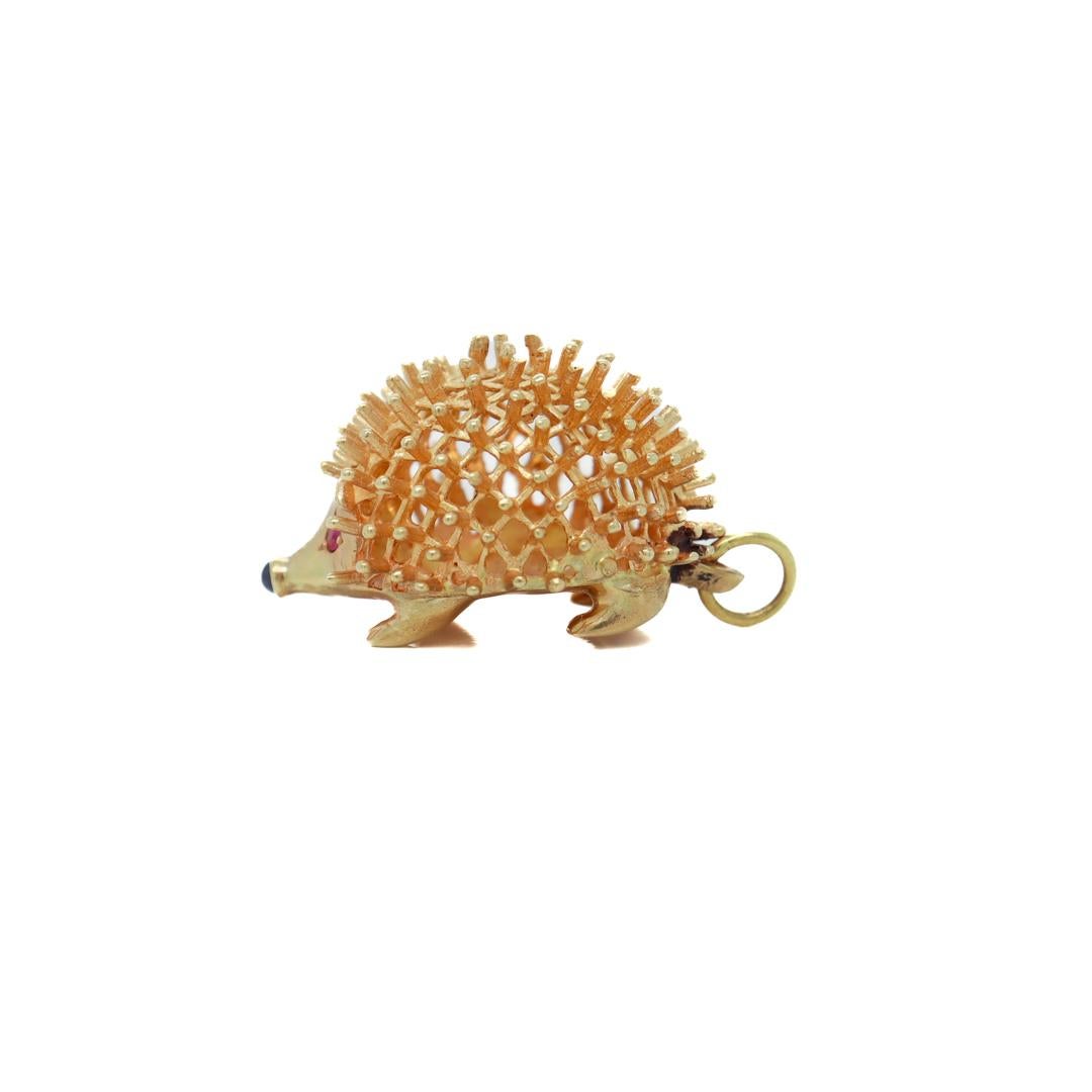 Women's or Men's Mid-Century 14k Gold, Ruby, & Sapphire Figural Hedgehog Charm for a Bracelet