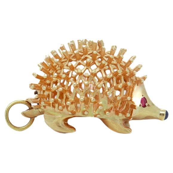 Mid-Century 14k Gold, Ruby, & Sapphire Figural Hedgehog Charm for a Bracelet