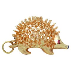Mid-Century 14k Gold, Ruby, & Sapphire Figural Hedgehog Charm for a Bracelet