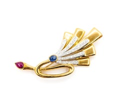 Mid-Century 14K Gold Sapphire, Diamond & Ruby Trumpet Brooch