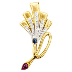 Mid-Century 14K Gold Sapphire, Diamond & Ruby Trumpet Brooch