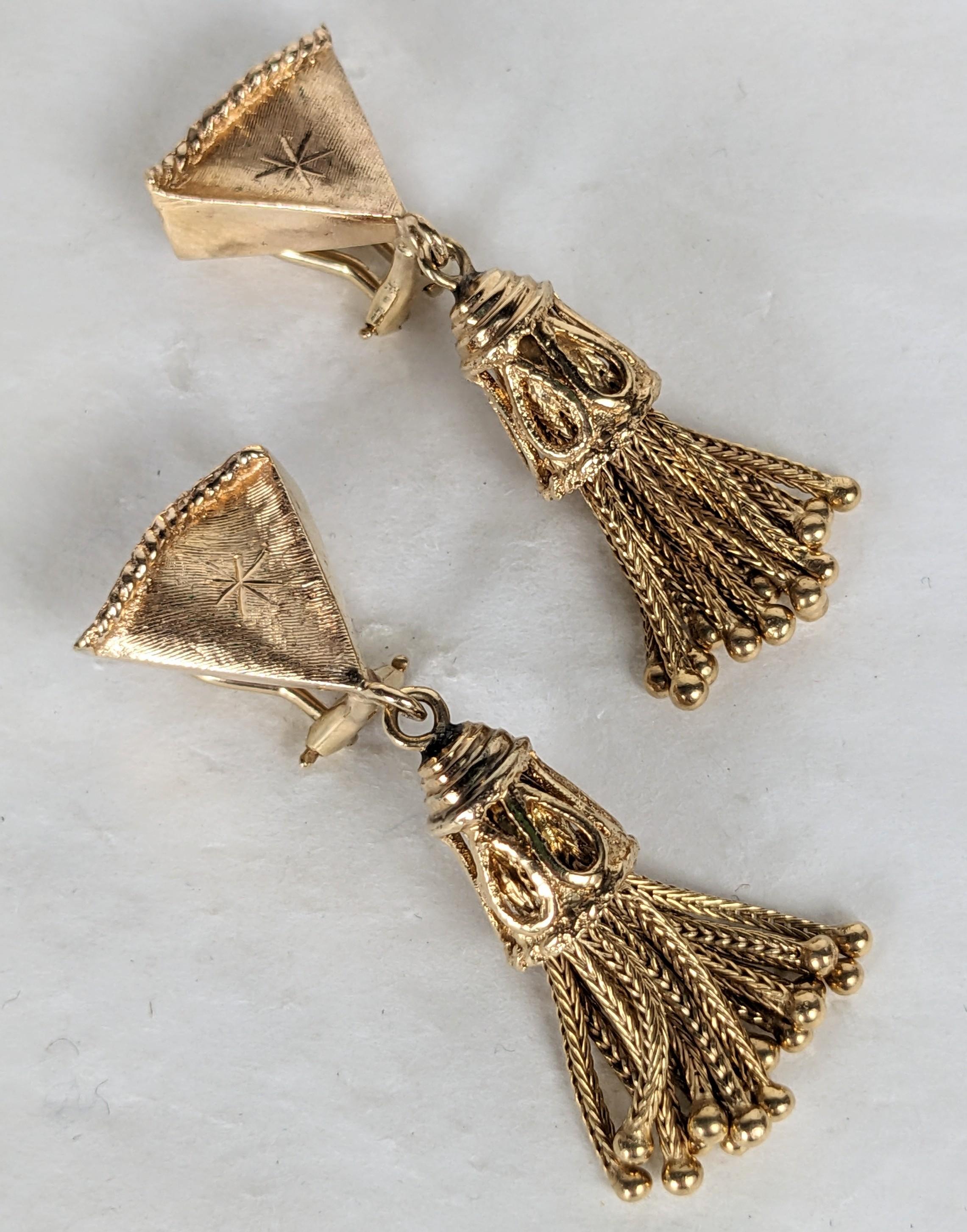 Modernist Mid Century 14K Gold Tassel Earrings For Sale