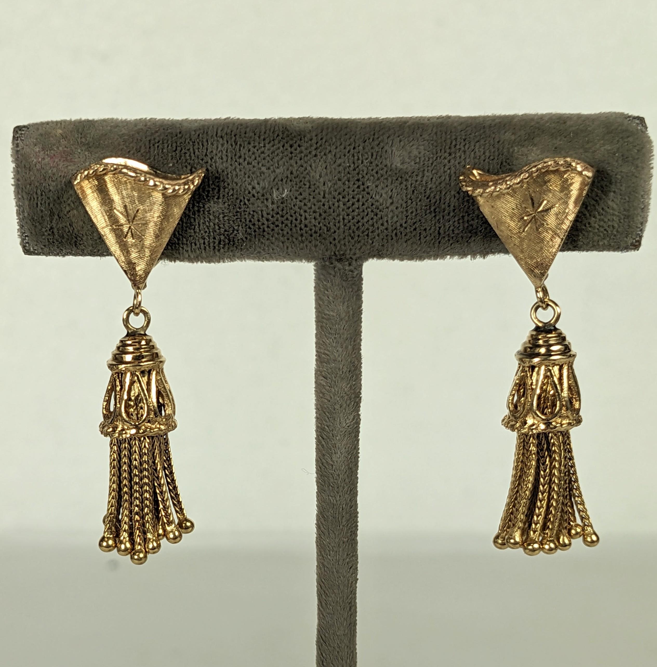 Mid Century 14K Gold Tassel Earrings In Excellent Condition For Sale In New York, NY