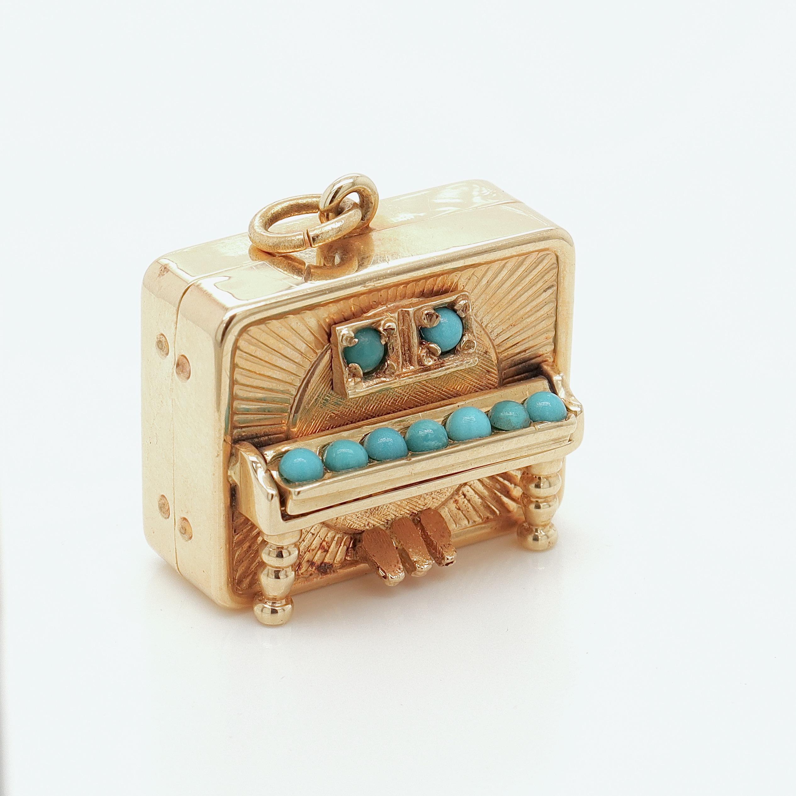 Mid-Century 14K Gold & Turquoise Mechanical Musical Piano Charm for a Bracelet 2