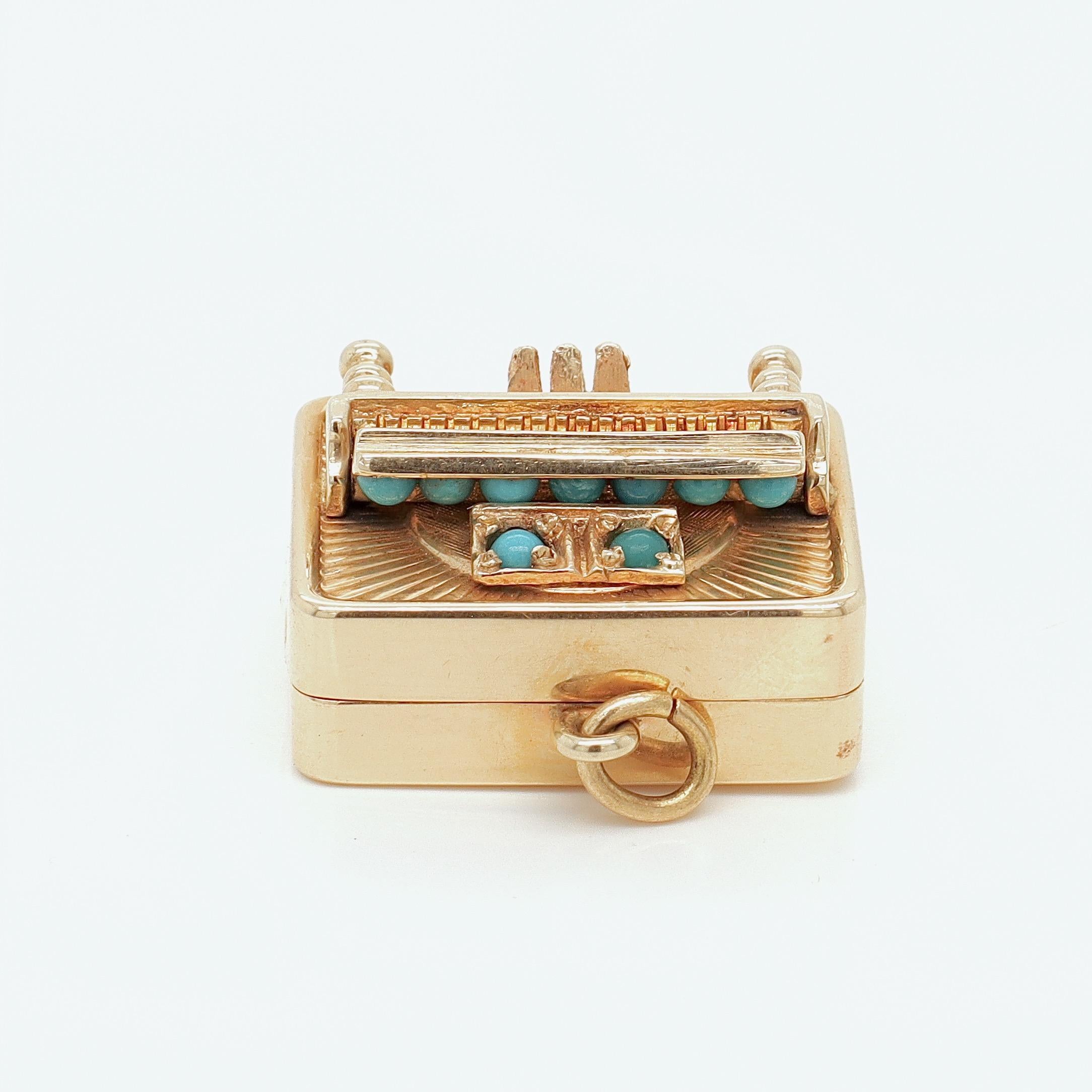Mid-Century 14K Gold & Turquoise Mechanical Musical Piano Charm for a Bracelet 3