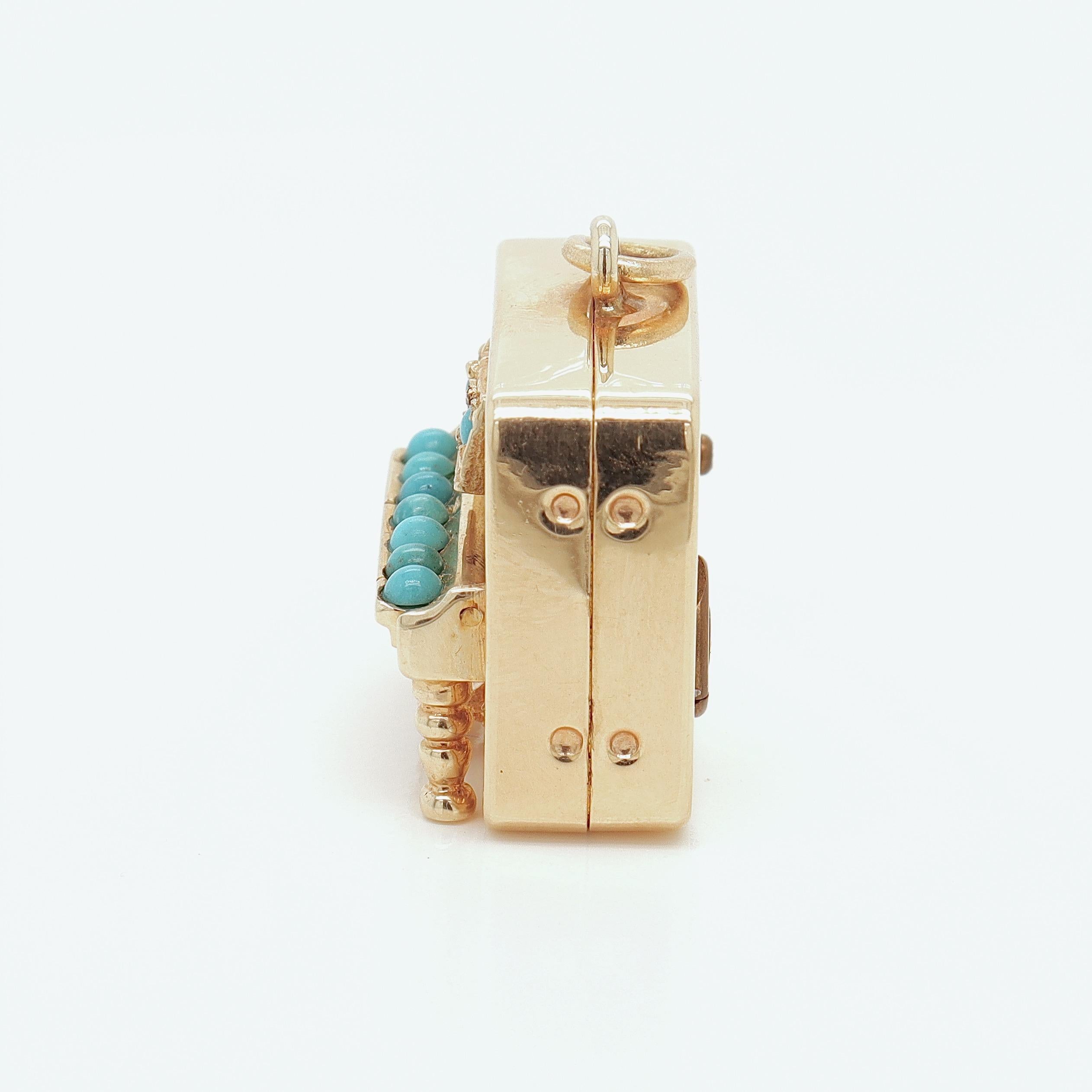 Round Cut Mid-Century 14K Gold & Turquoise Mechanical Musical Piano Charm for a Bracelet