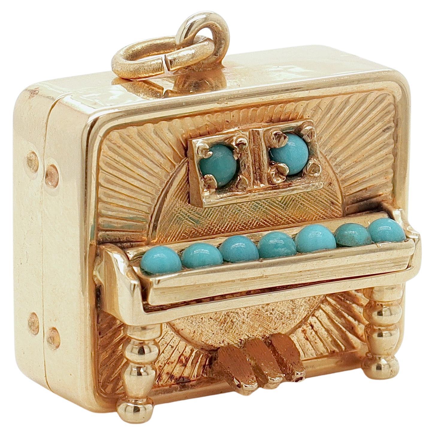 Mid-Century 14K Gold & Turquoise Mechanical Musical Piano Charm for a Bracelet