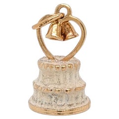 Vintage Mid-Century 14K Gold & White Enamel Figural Wedding Cake Charm for a Bracelet